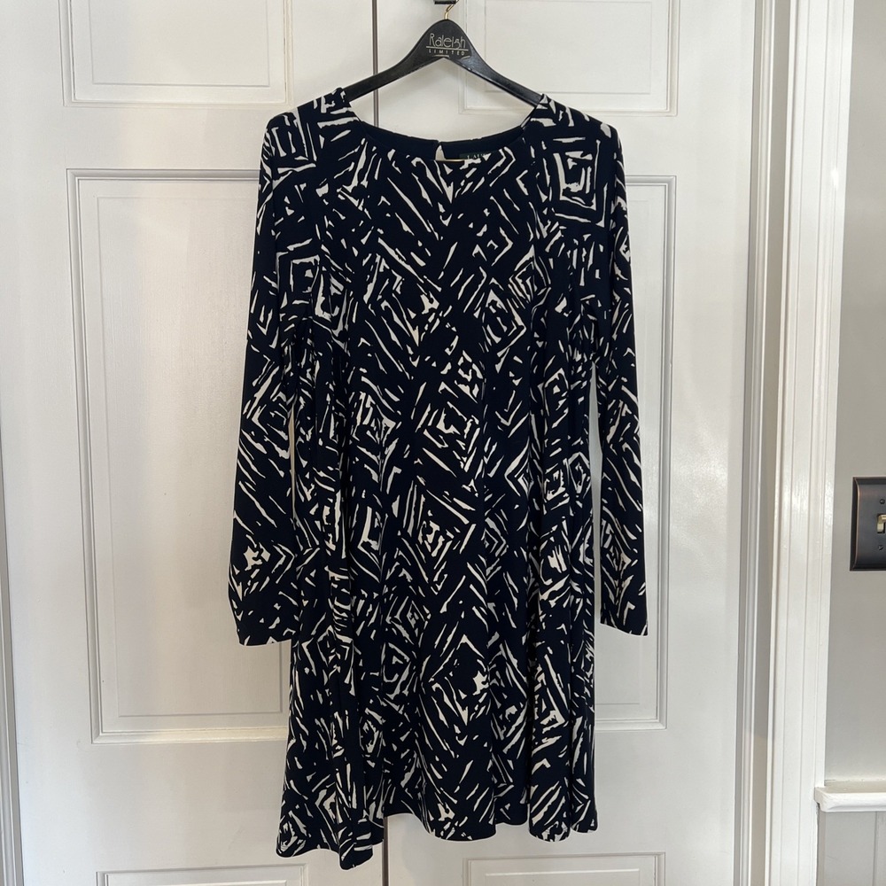 Ralph Lauren Womens 14 Navy Print Shift Dress Stretch Jersey Casual Work Flowy